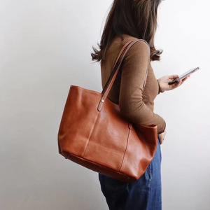 Women's Top Grain Cowhide Tote <b>Bag</b> Brown Large Capacity Minimalist Style Everyday Use - Product Image 3