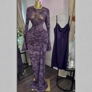 Abito lungo da donna in rete trasparente con sottoveste - Abito da sera aderente a maniche lunghe Sehe Fashion - Product Image 3