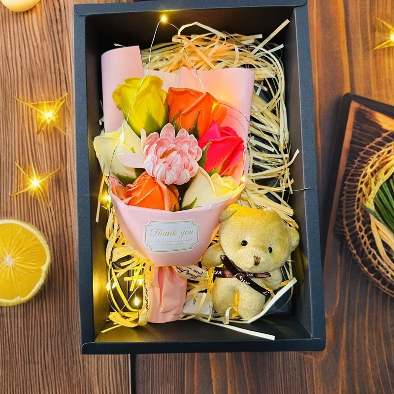 7 pezzi set regalo di dopamina mix di fiori di rosa arancione