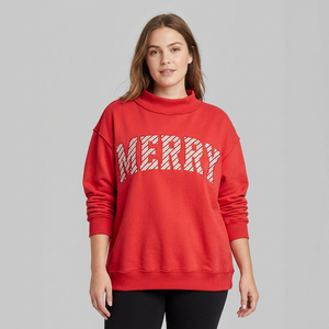 Women's Red Oversized Mockneck <b>Sweatshirt</b> with Merry Graphic Chenille Patch Letter Print Drop-Shoulder <b>Long</b> Sleeve Knitted Tops - Product Image 1