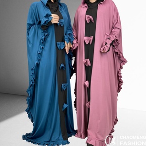 New Event Double Hoods Long <b>Kaftan</b> Abaya 2 Colors Patchwork with Edged Ruffles and Bows for Muslim Women 6884# - Product Image 2