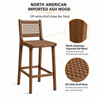 Tabourets de bar vintage modernes en bois massif avec corde tressée, sans accoudoirs, avec repose-pieds, pour îlot de cuisine, comptoir, bar à domicile, café, hôtel, restaurant