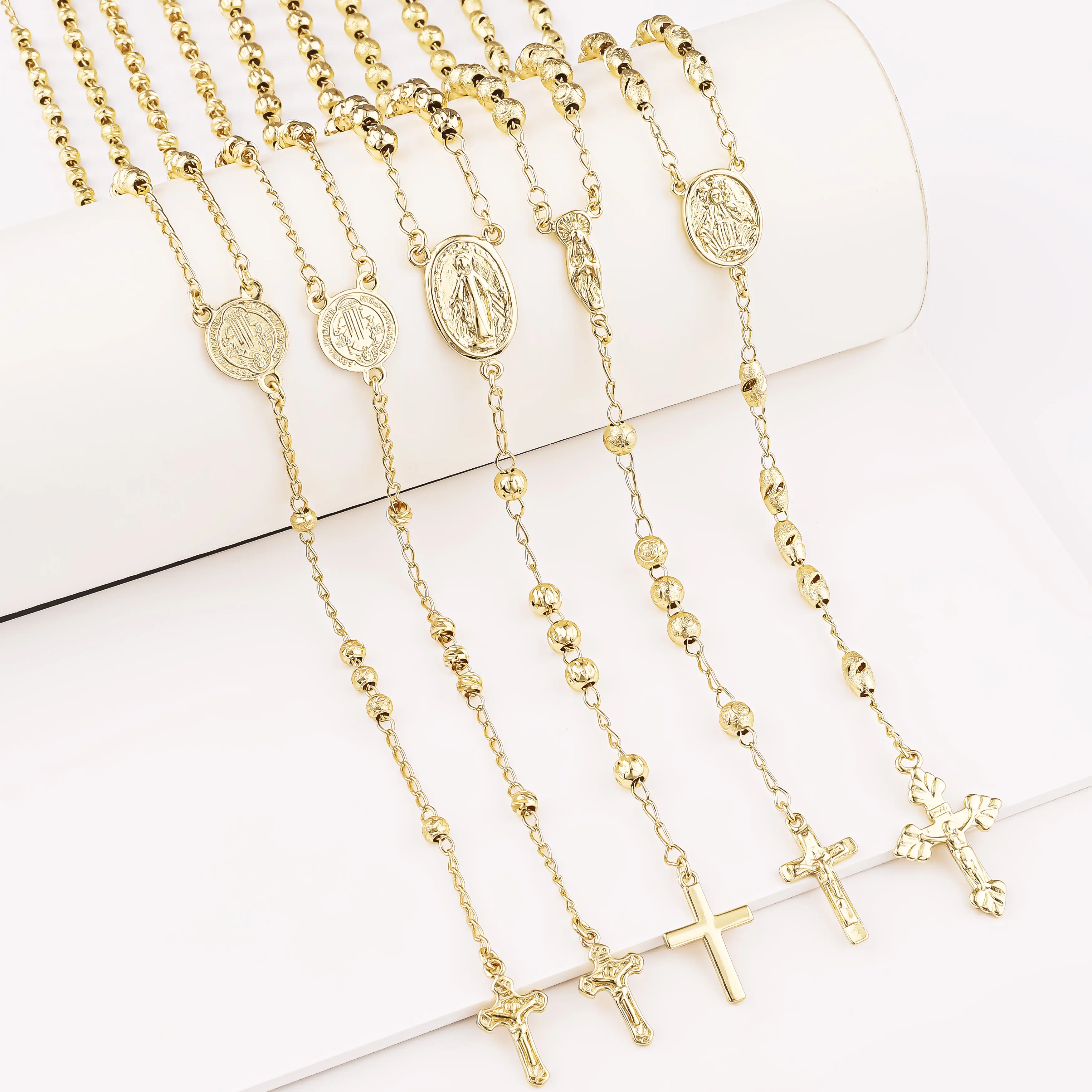 CM fine jewelry 14K oro laminado gold plated religious chain cross beads catholic rosary necklace christian rosario cadena