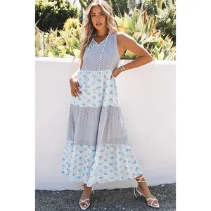 Sky Blue Abstract Print Bespoke Design Extra Long Dress Dropshipping Slit Neck Sleeveless Dresses Casual Wide Strap Floor Dress