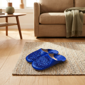 Sandales d'intérieur pour femmes en cuir véritable bleu avec motif géométrique en strass, rembourrées, doublure en peluche, toutes saisons - Product Image 6