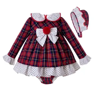 Pettigirl אופנה עיצוב תינוק בגדי סטי בגדים עם מצנפת משובץ שמלה לתינוקת חמוד בייבי המפלגה בנות שמלות