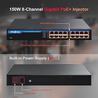 Injecteur PoE 150W 48V 10 Gbit/s 8 ports, alimentation Ethernet pour caméras IP, commutateurs réseau multi-ports, certifié CE/FCC/ROHS, capacité 16G