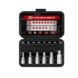 En vente Jeu de douilles Torx 14 pièces Star T6 - T60 Set 1/4 3/8 1/2 pouces Drive Premium S2 Alloy Steel Bits Socket Sets