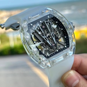 Montre mécanique squelette de luxe pour homme, de haute qualité, avec boîtier tonneau, bracelet en caoutchouc, cadran à aiguilles, tourbillon, pour affaires et sport - Product Image 2