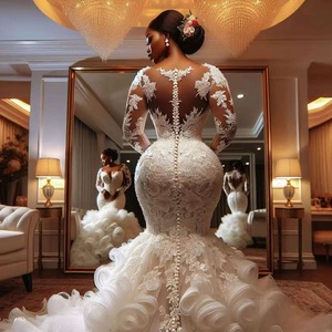 Vestido de Novia Romántico 2026 con Cuentas y Encaje, Manga Larga, Estilo Sirena con Volantes, Vestido Formal Aso Ebi, Vestido de Novia Personalizado - Product Image 2