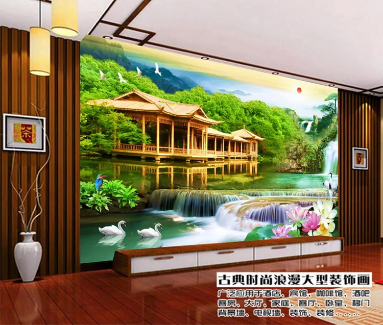 Popular mountain landscape interior 3d wallpaper waterfall wooden house adhesive 3d wallpaper