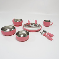 Ensemble de vaisselle pour bébé personnalisé par le fabricant : assiette en acier inoxydable, bol à ventouse, tasse, bavoir et cuillère en silicone