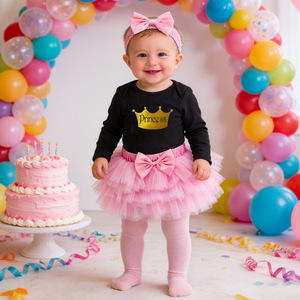 Pagliaccetto a maniche lunghe con stampa a cuore per neonata, vestito da principessa per il primo compleanno e set con gonna in tulle - Product Image 4
