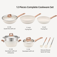 Ensemble de 12 ustensiles de cuisine antiadhésifs en granit, finition pierre, casseroles et poêles pour une cuisson saine, avec poignées en bakélite imitation bois, idéal pour les cadeaux