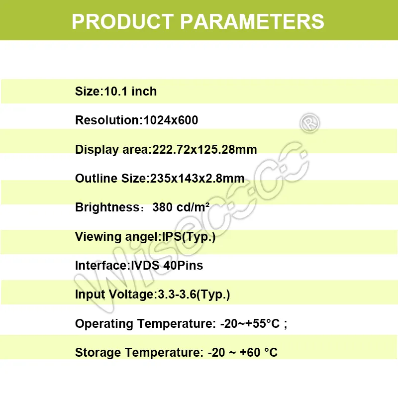 Wiseco giá thấp 10.1 inch TFT màn hình cảm ứng tùy chọn tùy chỉnh độ sáng 1024*600 LVDS 40Pins LCD hiển thị