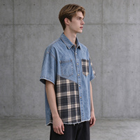 Chemise en jean délavé à carreaux patchwork, bords bruts, manches courtes, style vintage, streetwear homme, personnalisable