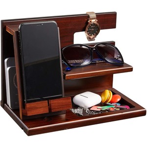 Soporte de madera para teléfono de escritorio, estación de acoplamiento multifuncional, soporte para exhibición de relojes, color marrón - Product Image 5