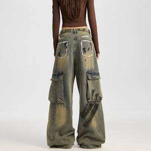 Pantaloni da donna stile Vintage Euro-americano luce Y2K Hip Hop stile Cargo Multi-tasca Denim <span class=keywords><strong>Jeans</strong></span> a gamba larga <span class=keywords><strong>vita</strong></span> <span class=keywords><strong>bassa</strong></span> pe - Product Image 3