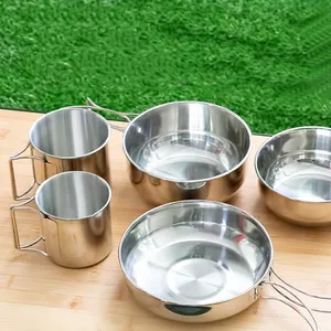 304 Stainless Steel Backpacking Camping Cookware Hiking Picnic 5pcs Portable Cooking Mess Kit Pan Cup Set With Folding Handle
