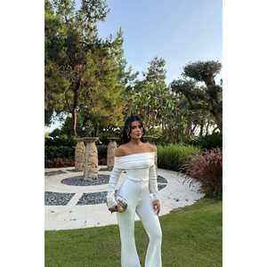 จั๊มสูทลายดอกไม้สีขาว แขนจับจีบ เอวสูง ทรงบอดี้คอน เหมาะสำหรับฤดูร้อนและฤดูใบไม้ร่วง ชุดออกกำลังกายแบบชิ้นเดียว - Product Image 2