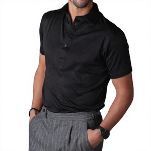 Camiseta de Verano Casual para Hombre, Negra, 100% Algodón, Sólida, Antiarrugas, de Punto, Manga Corta, Corte Regular, Cuello con Botones, Talla 6XL - Product Image 4
