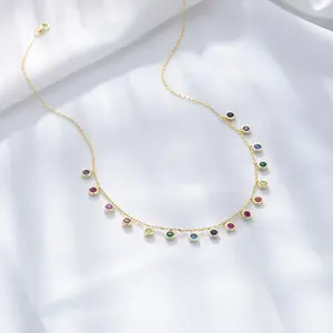 S925 Sterling Silver Round Zircon Necklace For Women Europe And America Lively Colorful Gem Pendant Collarbone Chain