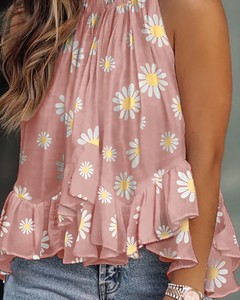 Blus cetakan kasual leher Halter wanita, atasan berkerut tanpa lengan longgar musim panas untuk perempuan - Product Image 3