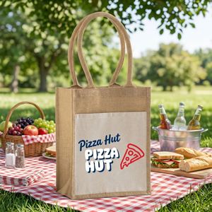 Sac fourre-tout en toile de jute personnalisé pour l'extérieur, petit format, avec zone d'impression facile, imperméable, pour transporter des aliments - Product Image 1