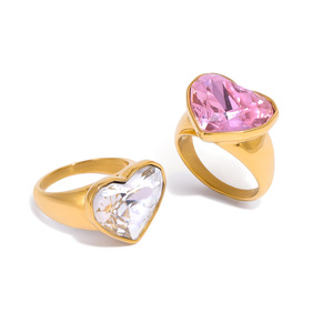 Heart Shape <b>Crystal</b> <b>Ring</b> Gold Plated Bezel Setting For Women Everyday Wear Jewelry Pink White Color Option - Product Image 5