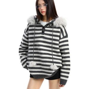Fabricant de vêtements personnalisé mode coréenne <span class=keywords><strong>Vintage</strong></span> pulls à capuche à rayures lâches col en fourrure à manches longues pulls punk - Product Image 6