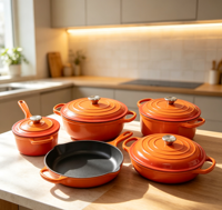 Batterie de cuisine émaillée en fonte 5 pièces, comprenant faitout classique, poêle et couvercle, compatible tous feux et fours, casseroles OEM pour la cuisson