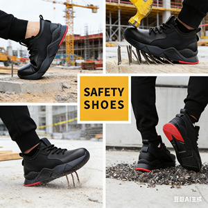 젠쿤 작업화 패션 블랙 미끄럼 방지 방수 가죽 스틸 토 안전화 남성용 중공업 - Product Image 4