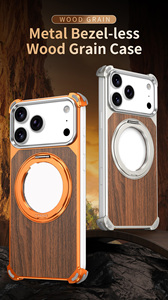 Étui de téléphone portable en bois de noyer gaufré avec support magnétique rotatif antichute pour iPhone 16 Pro, 17 Pro Max, 15 Pro - Product Image 4