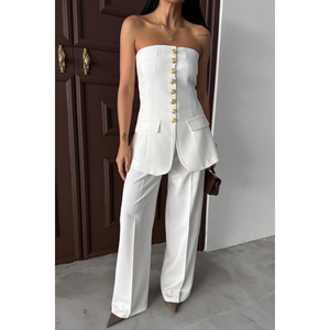 Chaleco Blanco Strablez con Decoración de Botones Dorados, Bordado Vintage, Tela de Lana, Relleno de Algodón, Estilo Casual para Trajes - Product Image 4