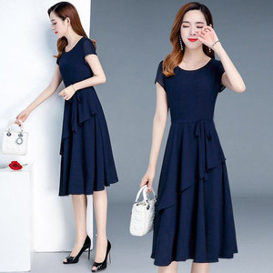 Summer Korean Style Solid Color A-line Dress Women Mid Length O Neck Patchwork Casual Daily Wear - Product Image 2
