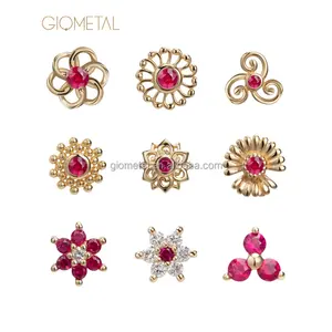 Giometal 18KT oro sólido Piercing extremos con diamante rubí roscado Piercing cuerpo joyería fabricante al por mayor