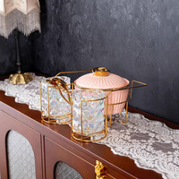 Chauffe-Plats de Luxe pour Buffet, Ensemble de Réchauds en Céramique Bleue en Forme de Citrouille avec Support Doré, Porte-Gobelets en Verre Cristal et Cuillères