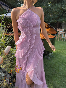 <span class=keywords><strong>Robe</strong></span> <span class=keywords><strong>longue</strong></span> élégante en mousseline de soie violette à volants, style décontracté, coupe ajustée, col halter, nouvelle collection été, best-seller, haute qualité - Product Image 2