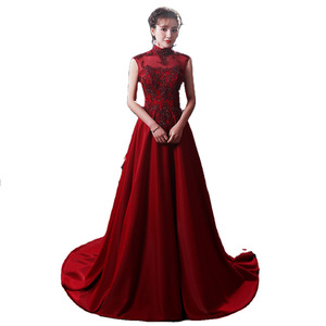 Red Ball Gown Evening Dress High Neck Burgundy Organza Satin Wedding Formal Long Style - Product Image 5
