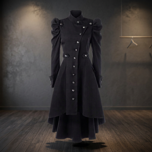 Gothic Women's Long Trench Coat With Puff-Sleeves Mandarin Collar Button-Closure Autumn Outerwear Full Sleeve <b>Wool</b> Fabric - Product Image 1