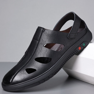 Men's Soft Leather Hollow-Out Sandals <b>Slip</b>-On Breathable Casual Shoes Black White Adult Size 40-45 - Product Image 1