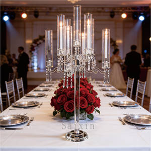 ZT-105 Candélabre à 9 bras <span class=keywords><strong>en</strong></span> cristal avec prismes suspendus, centre de table haut de gamme pour mariage/événement, décoration pour banquet, fête, maison - Product Image 1