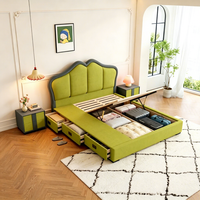 Lit plateforme de luxe moderne et confortable JUNYUHAO avec rangement, taille Queen/King, revêtement en tissu haut de gamme, mousse haute densité, certifié E0, en pin