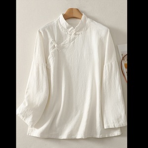 Women's Ramie Linen Shirt Stand Collar Frog Button Chinese Style Tea Dress Top Beige White Autumn Casual Wear - Product Image 3
