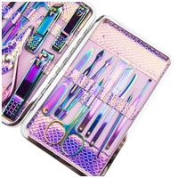 Kit de manucure et pédicure professionnel portable en acier inoxydable à motif serpent iridescent, 16 pièces, fournitures pour la Saint-Valentin