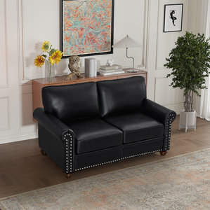 Living Room <b>Sofa</b> Loveseat Black Faux Leather - Product Image 1