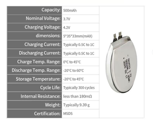 GEB ウルトララウンドリポ 503533 3.7v 500mah 充電式フラットバッテリーセル リチウムポリマー リチウムイオン電池 スマートウォッチ用 503533 - Product Image 2