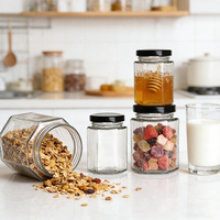 Penjualan Langsung Pabrik Stoples Dapur Kaca Bentuk Heksagonal Kosong dengan Tutup Sekrup Logam untuk Madu, Cabai, Saus dalam Ukuran 45ml hingga 730ml