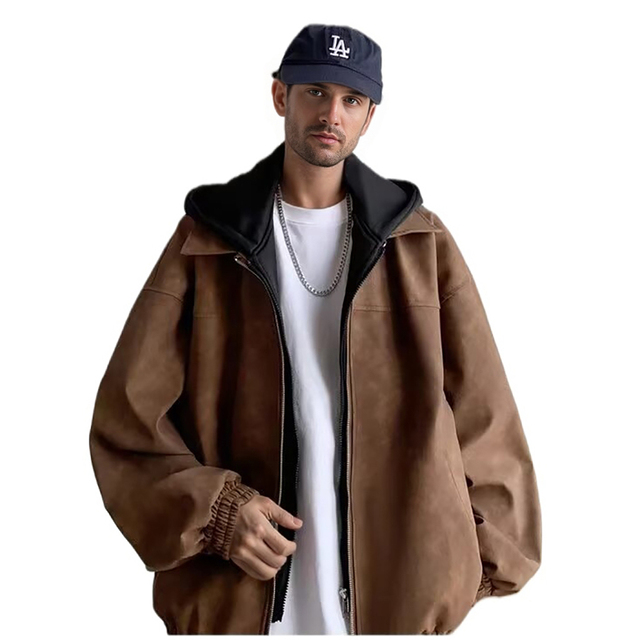 American Style Trendy Embroidered PU Leather Flight Jacket Men New Winter Loose Vintage High-End Cool Hooded Zipper Closure Coat