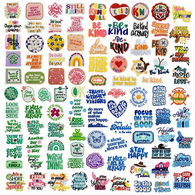 Good Quality Hot Sale Green Blue pink Color Positive Energy Slogan English Word logo Embroidered Fabric Iron on Patches